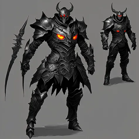 Create an image of a demonic armor with a menacing appearance, covered in darkness and with bright eyes in each piece, concept art