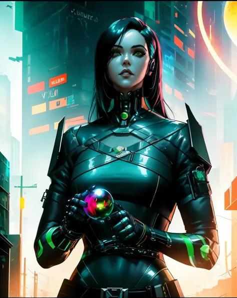 arafed image of a woman with a green orb in her hand, katana zero video game character, villainess, dark cyberpunk illustration,...