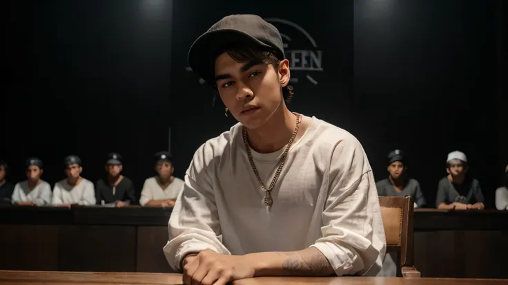 a boy standing full body white undershirt baggy jeans his neck chain with black linen, A black cap. thick eyebrows, sybil riz face shape relatively fit body but not too big, animation, face to face He looks at the audience behind desk (a boy) He is sitting...