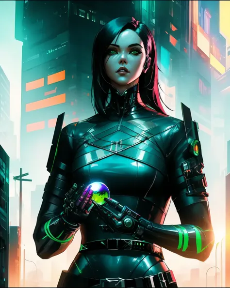 arafed image of a woman with a green orb in her hand, katana zero video game character, villainess, dark cyberpunk illustration,...