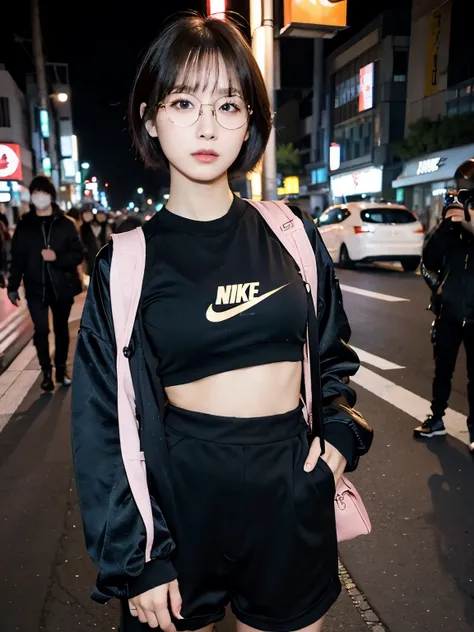 Bewitching eyes, well-balanced eyes, //street snap //wearing nike fashionable black and gold clothes, wear glasses, //breast focus, ((facing viewer)), //at the street in tokyo, //japanese lady, pale skin, short hair, pink inner color //((standing)), high q...