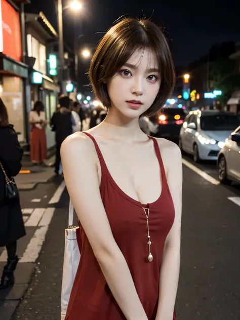 Bewitching eyes, well-balanced eyes, //street snap //wearing fashionable clothes, red_tops//breast focus, ((facing viewer)), //at the street, //japanese lady, pale skin, gold short hair, //((standing)), high quality:1.3, Professional lighting:2.0 realistic...