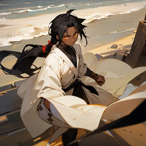 Dark Skin , Madara Hair , Black Hair , Golden Eyes , White Robes , Confident Expression , Messy black hair , sandy city background , 1male , Young Male , Teen Male , Traveler clothing  , Short low ponytail 