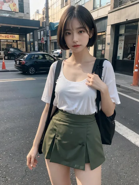 Bewitching eyes, well-balanced eyes, //street snap //leotard, // Olive Drab mini skirt,//carry a backpack, //breast focus, ((facing viewer)), //at the street, //japanese lady, pale skin, short hair, //((standing)), high quality:1.3, Professional lighting:2...