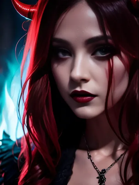 Create a vivid and chilling depiction of a soul-sucking, extraordinarily beautiful demon woman. Explore the sinister allure in her presence, blending the supernatural elements of her demonic nature with the mesmerizing charm that captivates those unfortuna...
