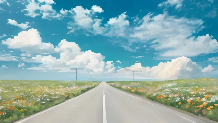 morning，summertime，Uphill highway leading to the horizon，The road is lined with green grass，flowers bloom，Blue sky，There is no cloud, beautiful new mexico, Super real，Big sky, amazing views，black hair, Surrealism, cinematic lighting, 8k, super detail, mast...