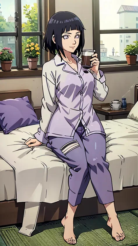 masterpiece, detailed, hinatahyuga, 1girl, black hair, short hair, purple eyes, sitting on a bed, no clothes on, wearing pajamas...