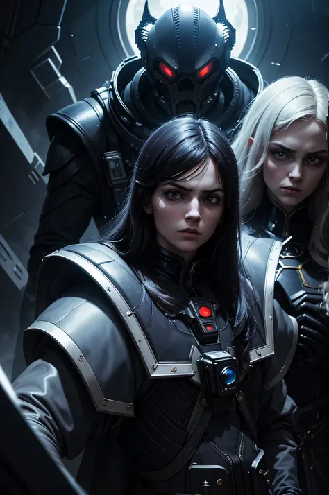 2 aristocratic astronauts ((Male and female)) in asymmetrical xenomorphic biosuits, look with arrogance, pathos in faces and poses, arrogance, look with arrogance, concentrated faces, blasters in hands, night, Moonlight, intense shadows, dark epic, tense p...