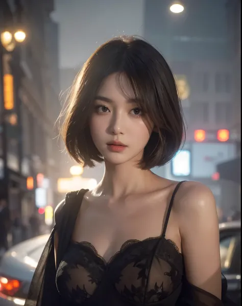 (Best quality, 8k, 32k, Masterpiece, UHD:1.2) "Produce a captivating art piece featuring a girl with a stylish bob haircut, illuminated by dramatic and cinematic lighting that accentuates the contours of her face and hair. Create an atmosphere that exudes ...