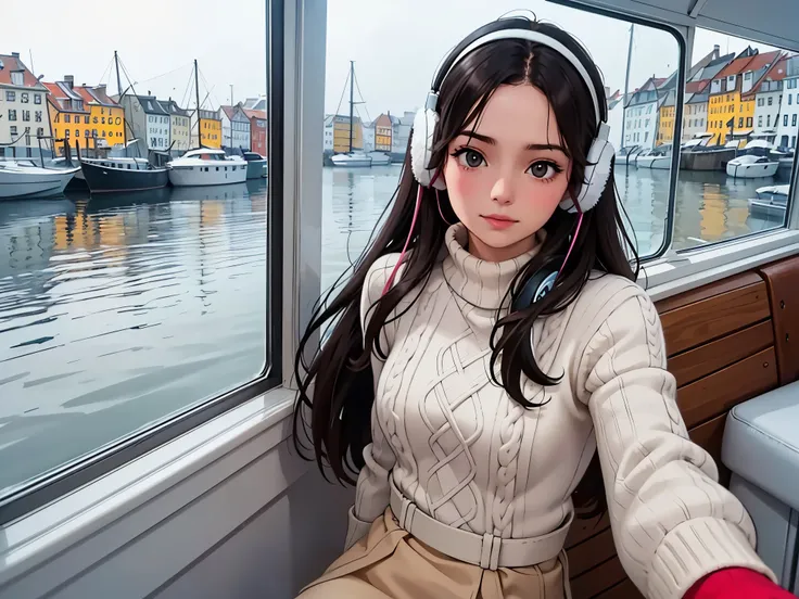 lofi relaxed one brunette girl with headphones takes a selfie, sails in a boat, looks outside, head glued to window. winter. snowing. bad weather. in windows beautiful saturated landscape of colorful (winter Nyhavn in Copenhagen). travel. tourist. sweater,...