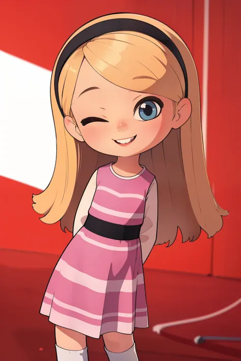 ((masterpiece, best quality)),1girl, solo,child, penny peterson, blonde hair, hairband, pink dress, blue eyes, red lips, mary ja...