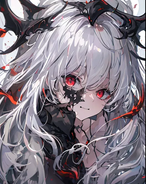 a girl，alone，masterpiece，best quality，white hair，white hair，white hair，red eyes，blackening，dark，cypress scraper，shadow thing，dou...