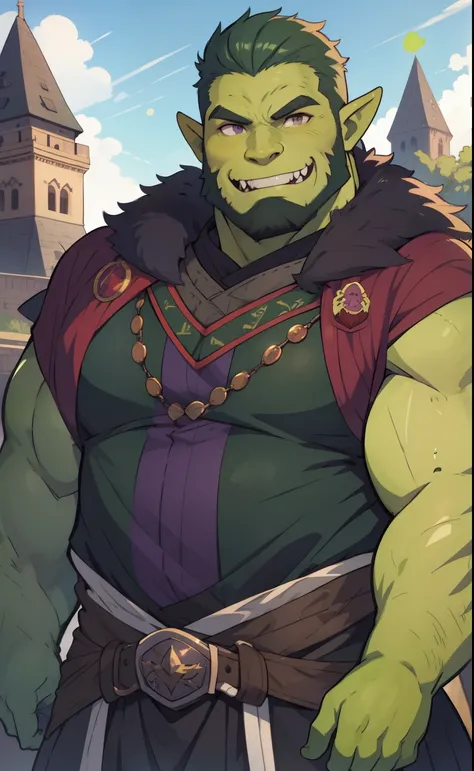 large medieval tower in the background, 1 orc, orc male, (((green skin))), (((fangs))), old mature chubby male, black hair, griz...