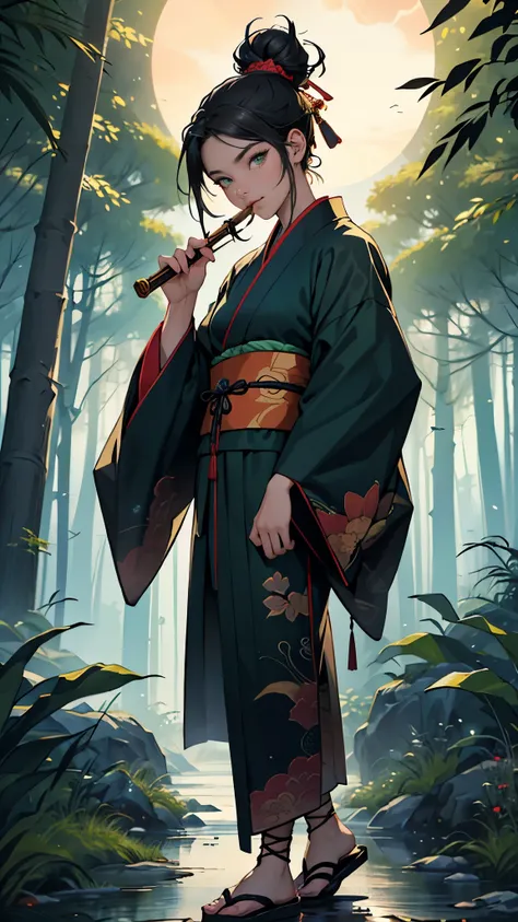 (masterpiece, High quality, absurdity), Detailed eyes and face, Chinese magic costume, ((chinese kimono)), Lace-up sandals, magic, Exorcism of spirits, Chinese monastic attire, the flute, Play the the flute, bright colors, neon lights, A magical forest, da...