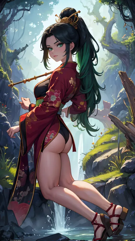 (masterpiece, High quality, absurdity), Detailed eyes and face, Chinese magic costume, ((chinese kimono)), Lace-up sandals, magic, Exorcism of spirits, Chinese monastic attire, the flute, Play the the flute, bright colors, neon lights, A magical forest, da...