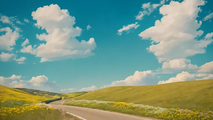 morning，summertime，Uphill highway leading to the horizon，The road is lined with green grass，flowers bloom，Blue sky，There is no cloud, beautiful new mexico, Super real，Big sky, amazing views，black hair, Surrealism, cinematic lighting, 8k, super detail, mast...