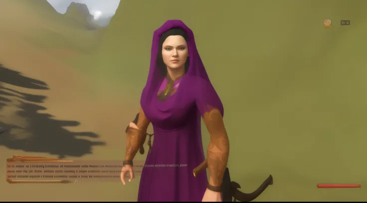 woman with black hair, a purple oriental veil, and a dress, carries a scimitar on her scabbard