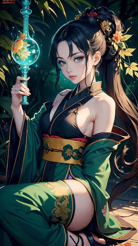 (masterpiece, High quality, absurdity), Detailed eyes and face, Chinese magic costume, ((chinese kimono)), Lace-up sandals, magic, Exorcism of spirits, Chinese monastic attire, the flute, Play the the flute, bright colors, neon lights, A magical forest, da...