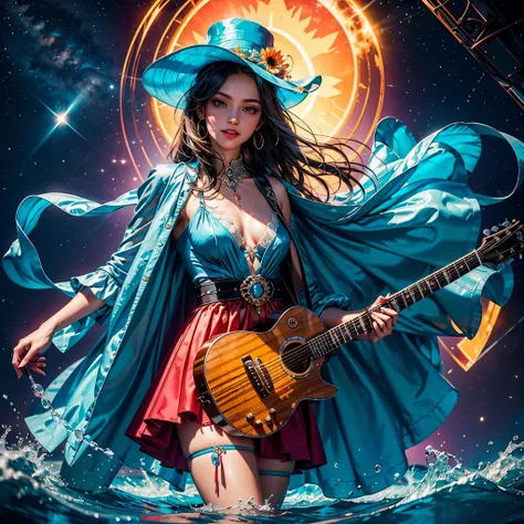 ((nebulae stars panoramic nebula starry_sky sunset spacious Sunshine )) sunrise stance, (holding guitar:1.3) Charocalist:1.3 Guitarist Musician Pianist girl_and_a_Dragon UnrealEngine5 ultra Cinematic_Lighting masterpiece Goddess deep path equirectangular u...