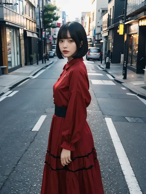 Bewitching eyes, well-balanced eyes, //street snap //wearing red "VALENTINO" clothes, tops is jakect //breast focus, ((facing viewer)), //at the street in tokyo, //japanese lady, pale skin, bob cut, black hair, dark blue hair, blunt bangs,//((standing)), h...