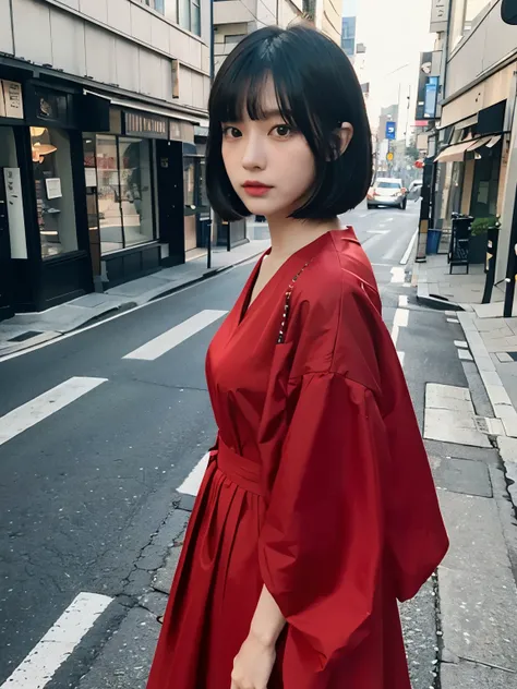 Bewitching eyes, well-balanced eyes, //street snap //wearing red "VALENTINO" clothes, tops is jakect //breast focus, ((facing viewer)), //at the street in tokyo, //japanese lady, pale skin, bob cut, black hair, dark blue hair, blunt bangs,//((standing)), h...