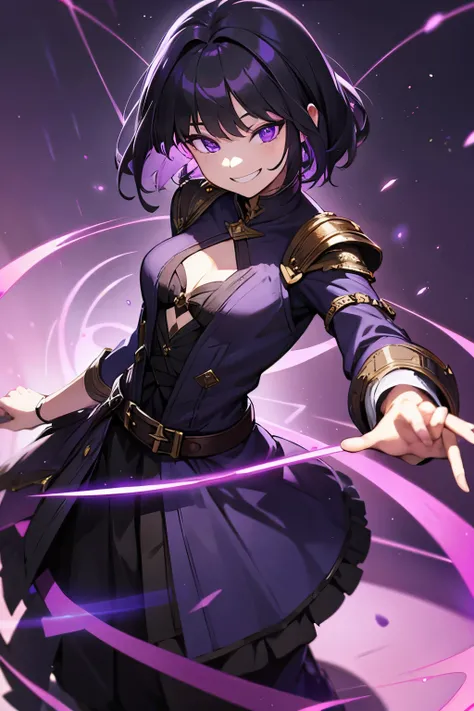 man, fantasy outfit, purple eyes, black hair, grin, shadow magic