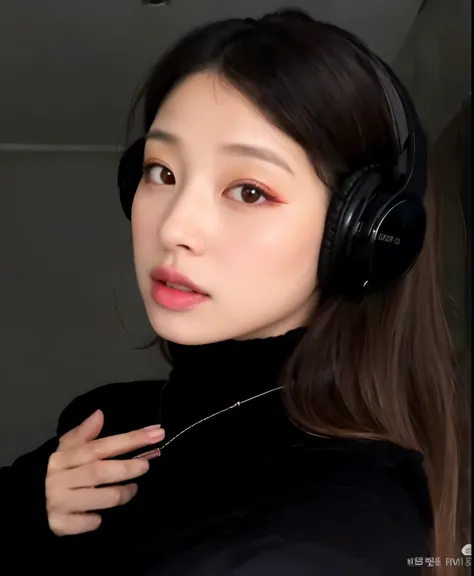 Un primer plano de una mujer con auriculares y una blusa negra, ulzzang, con auriculares, pale korean adorable face, muchacha coreana, con auriculares, con auriculares negros, joven y adorable rostro coreano, foto de perfil en la cabeza, cruel korean gothi...