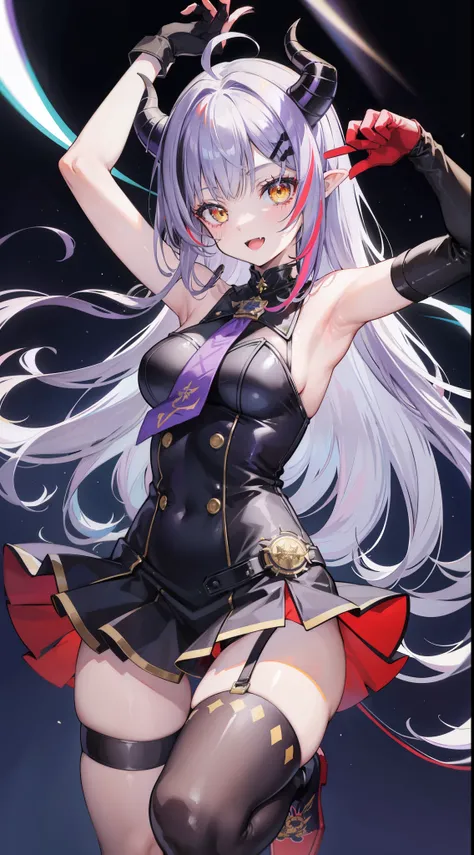 la+ darknesss, 1girl, solo, long hair, looking at viewer, blush, smile, open mouth, bangs, thighhighs, gloves, dress, holding, standing, yellow eyes, purple hair, ahoge, grey hair, multicolored hair, horns, alternate costume, fang, white gloves, armpits, a...