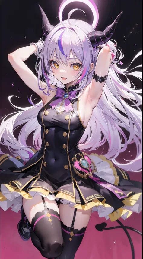 la+ darknesss, 1girl, solo, long hair, looking at viewer, blush, smile, open mouth, bangs, thighhighs, gloves, dress, holding, standing, yellow eyes, purple hair, ahoge, grey hair, multicolored hair, horns, alternate costume, fang, white gloves, armpits, a...