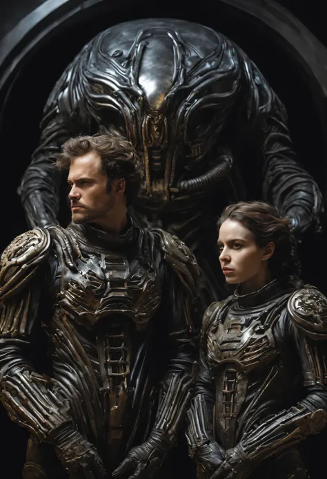 2 aristocratic astronauts ((Male and female)) in asymmetrical xenomorphic biosuits, look with arrogance, pathos in faces and poses, arrogance, look with arrogance, concentrated faces, blasters in hands, night, Moonlight, intense shadows, dark epic, tense p...