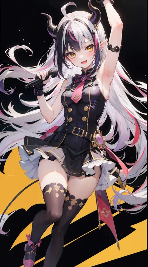 1girl, solo, long hair, looking at viewer, blush, smile, open mouth, bangs, thighhighs, gloves, dress, holding, standing, yellow eyes, purple hair, ahoge, grey hair, multicolored hair, horns, alternate costume, fang, white gloves, armpits, arm up, official...