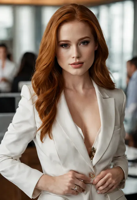 8K, RAW photo of Madelaine Petsch, long ginger hair, in the office, conference hall, White costume, standing, hold a bag in your hands, very sexy pose, Tempting, dominant colors - gray,with dark brown accent color, natural light, flowing through it, her po...