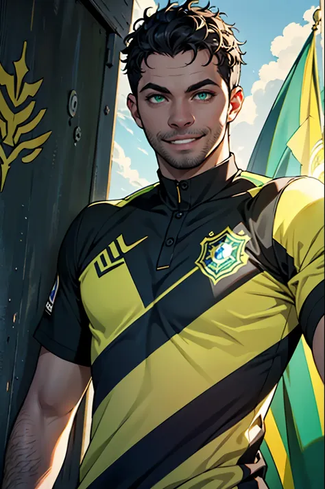 ((pivaarts)) young man, black and dark blue hair, soccer player uniform, smile, tall, beautiful green eyes, short hair, curly ha...