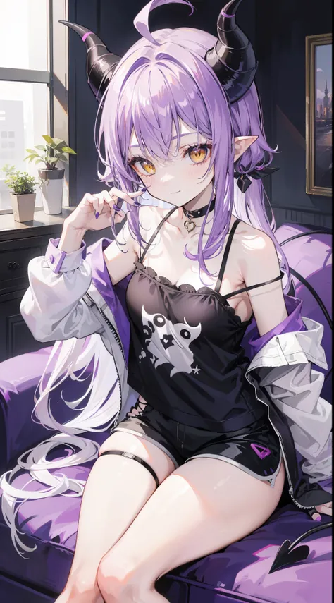 At 32K, 1 girl, solo, long hair, Looking at Viewer, blush, shy smile, bangs, shirt, hair between eyes, Wariza sitting down, closed mouth, anal tail, Yellow eyes, white shirt, purple hair, Ahoge, gray hair, thighs, multicolored hair, Open your clothes, Horn...