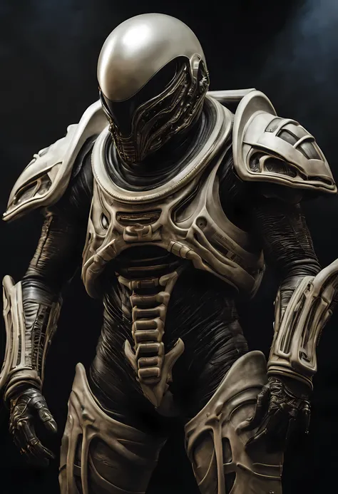  astronaut in a xenomorphic biosuit, look with arrogance, pathos in faces and poses, arrogance, look with arrogance, concentrated faces, blasters in hands, night, Moonlight, intense shadows, dark epic, tense postures, Art in the style of Hans Giger, master...