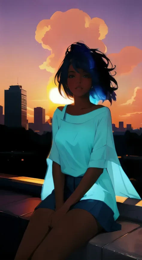 pretty woman with dark skin sitting on a hillside by water, ((soft styled black hair with glowing blue highlights)), ebony nose ...