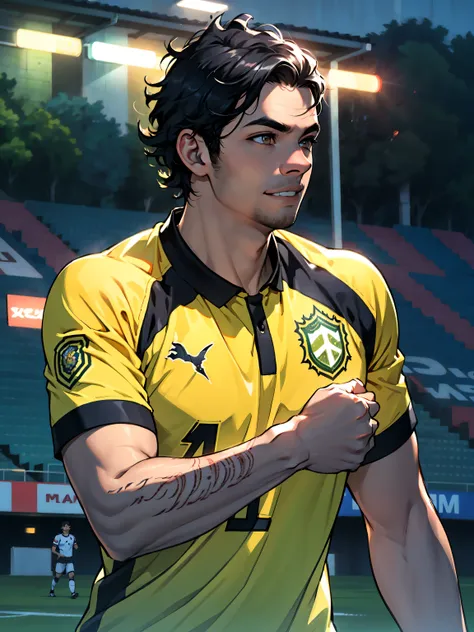 ((PivaArts)) Homem jovem, "cabelo preto e azul escuro", Futebol_player uniform brasil, Grande sorriso, alto, Lindos olhos castanhos, beautiful vivid eyes, cabelo curto, Cabelo encaracolado, tattoo on arm,  brasil, professional stadium lighting, Fierce dete...