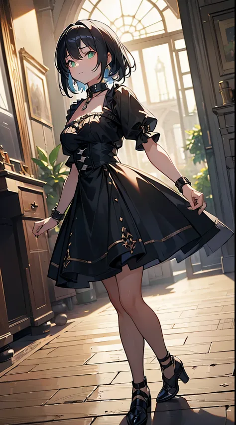 (((masterpiece2.1, ultra-detailed, best quality))),  medieval inn, dynamic angle, 1girl, black traveling attire, black hair, gre...