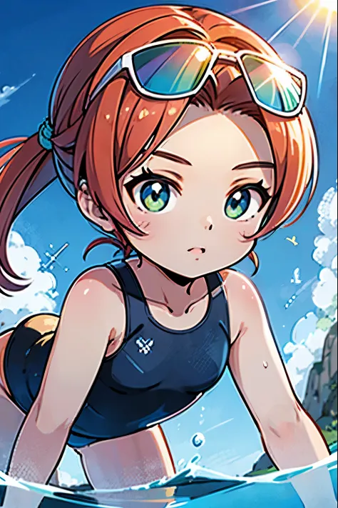 high resolution, mais alta qualidade, Illustrations, super detalhe, (rosto detalhado), (olhos detalhados) , praia, diving swimsuit, sozinha, sunglasses, rosto bonito, pele detalhada, cabelo realista, textura perfeita