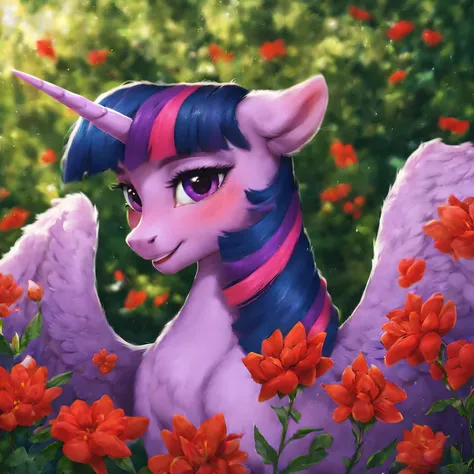 (score_9), (pony alicorn Twilight Sparkle in a forest surrounded by red flowers looks at you), sultry, teasing, blush, detailed hair and fur, realistic lighting, masterpiece, beautiful, high detail, cinematic render, brushstrokes, painting