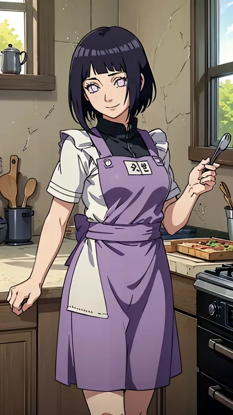 masterpiece, detailed, hinatahyuga, 1girl, black hair, short hair, purple eyes, stands near the kitchen stove, cooking meal, no ...