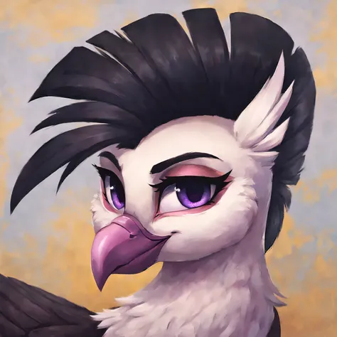 rating_safe, score_9, (feral griffon), female, white body, dark purple eyes, black hair, folded wings, mohawk, looking at you, black eye shadow, digital artwork, oil painting, soft shading, portrait