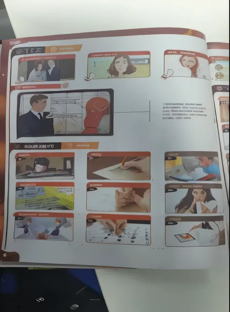 someone is holding a magazine with photos of people, textbook illustration in clolour, textbook page, textbook pages, comic book inside page, biology textbook page, page scan from book, comic book page, magazine pages, assunto completo mostrado na foto, im...