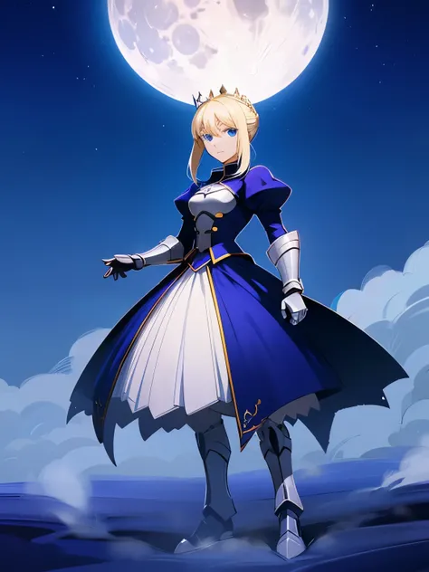 1girl, Fate/stay night, Artoria Pendragon, (in the moonlight), (full moon), standing, expressionless, ((low angle)), big sky blue eyes,  (steam), 