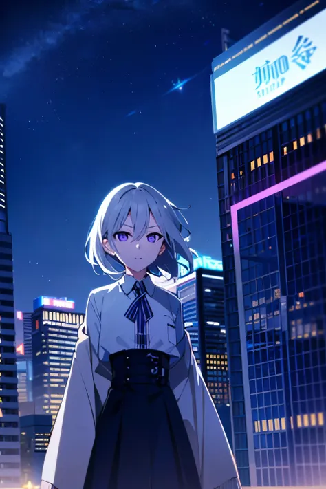 solo, 1girl, silver hair, purple eyes, cowboy shot, expressionless, billboards, neon lights, cityscape, night, starry sky