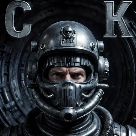 head portrait, astronaut in a Giger-style helmet, Letters "ussr" on the helmet, stern face of a 35-year-old man, look from under the eyebrows, hand with a fantastic blaster on his face, blaster barrel raised