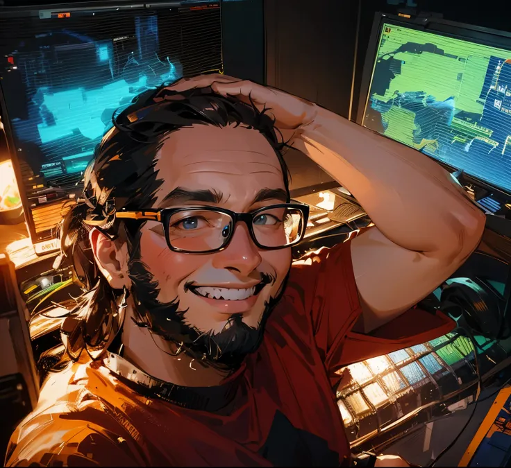 smiling man with glasses and beard sits in front of two computer monitors, a twitch streamer / gamer Ludwig, nft-portrait, Selfie photography in 8k resolution, Typical cryptocurrency fan, profile photo, a twitch streamer, in front of a computer, MSXOTTO, f...