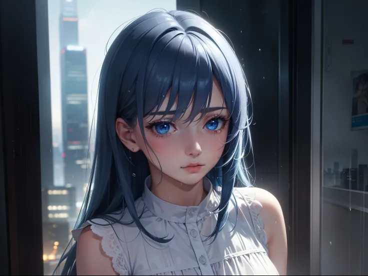 (a girl standing in the heavy rain, night in the yard, lights from skyscrapers), wet character, wet clothes, sad face, tears on her cheeks, sadness on her face, blue hair, blue eyes, white dress, (best quality, 4k, highres, masterpiece:1.2), ultra-detailed...