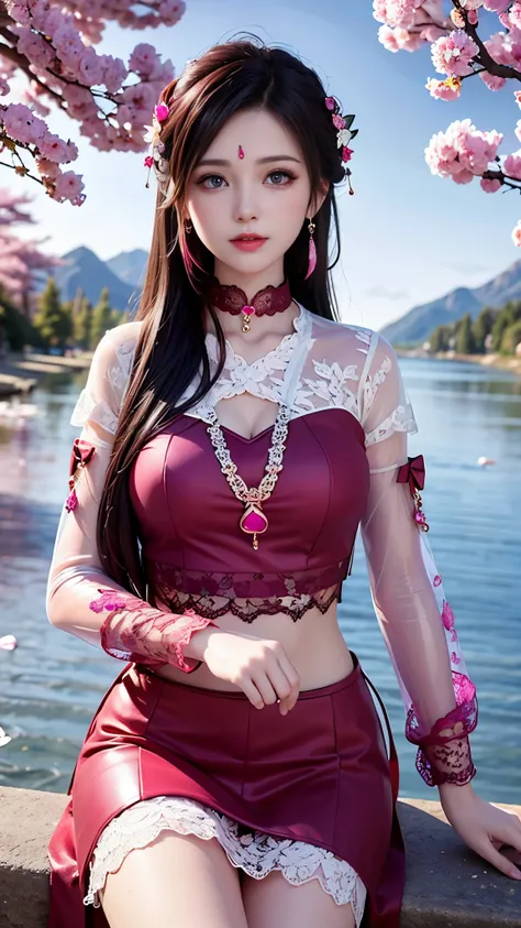 8K, ultra hd, masterpiece, 1 girl, very long hair, detailed eyes, glossy lips, ((red clothes)), (translucent magenta lace:1.5), skirt, (jewellery:1.5), ray tracing, ((mountain)), river, morning, cherry blossom leaf falling, sitting, 