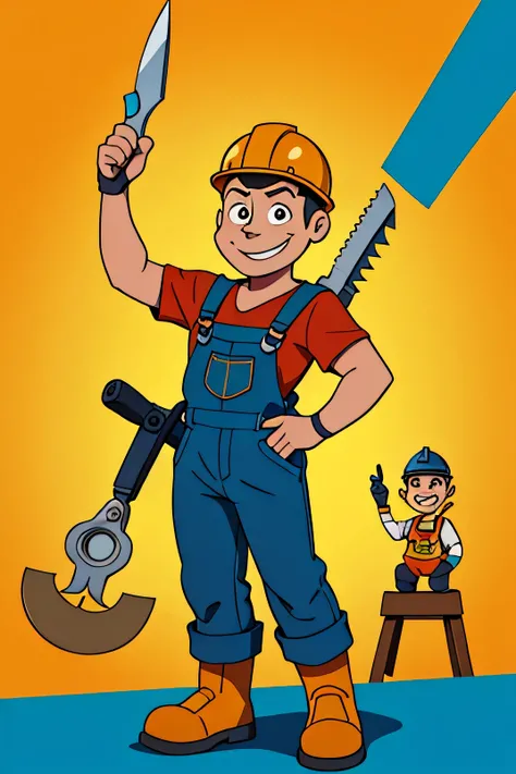 Imagine a human character resembling a mascot for an electrical materials company, dressed in worker overalls and worker helmet, corpo todo, apontando para cima com o dedo indicador, pliers in one hand, sorridente, happy and his eyes contain a hint of misc...